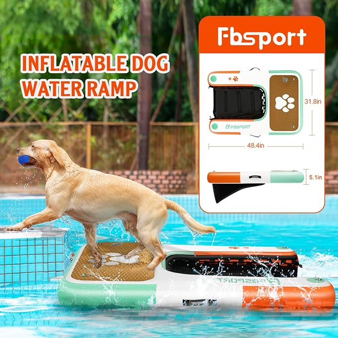 FBSPORT Inflatable Dog Boat Ramp Floating Dock Water Ladder for Pool, Boat, Non-Slip EVA Floating Ladder Pool Ramp for Dog Up to 220 LBs, Safe & Easy Access