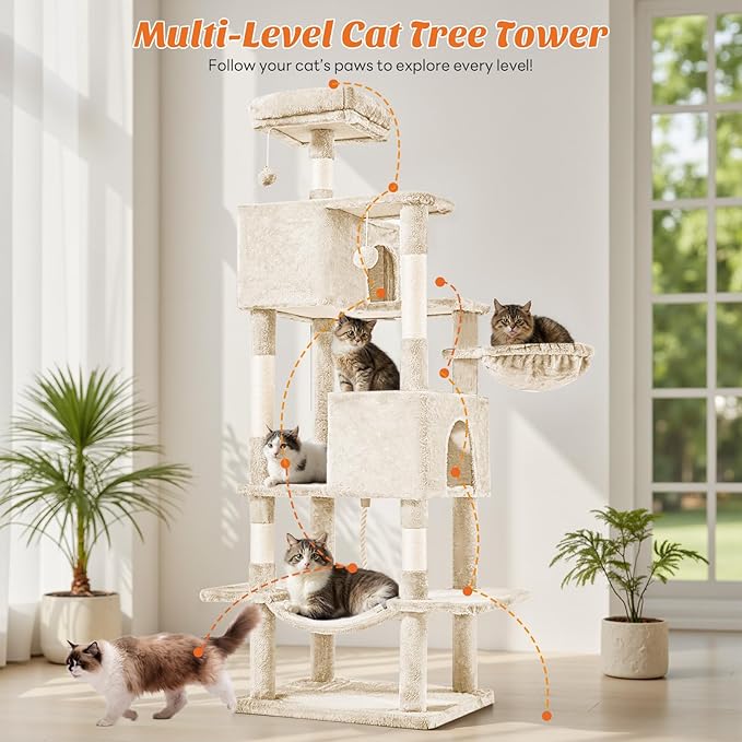 Sweetcrispy 66 Inch Cat Tree Tower, Multi Level Cat Climbing Tower with Natural Sisal Scratching Posts, Hammock, Pet Condo for Indoor Cats and Kittens Play, Beige