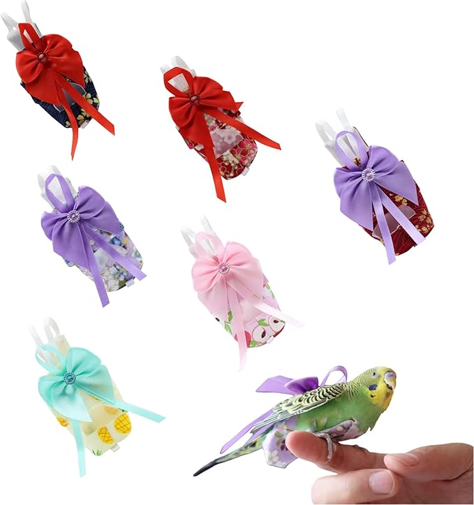 6pcs Bow Bird Diaper Set, Soft Reusable Flight Suit Clothing for Parrots Budgies Cockatiels — Cleaner Indoor Bonding & Training(L)