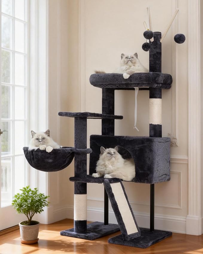 Cat Tree for Indoor Cats, Cat Tower with Scratching Post for Small Cats and Kittens, Cat House with Removable Top Platform and Fluffy Balls, Hanging Cat Basket, Smoky Gray GCT006SG