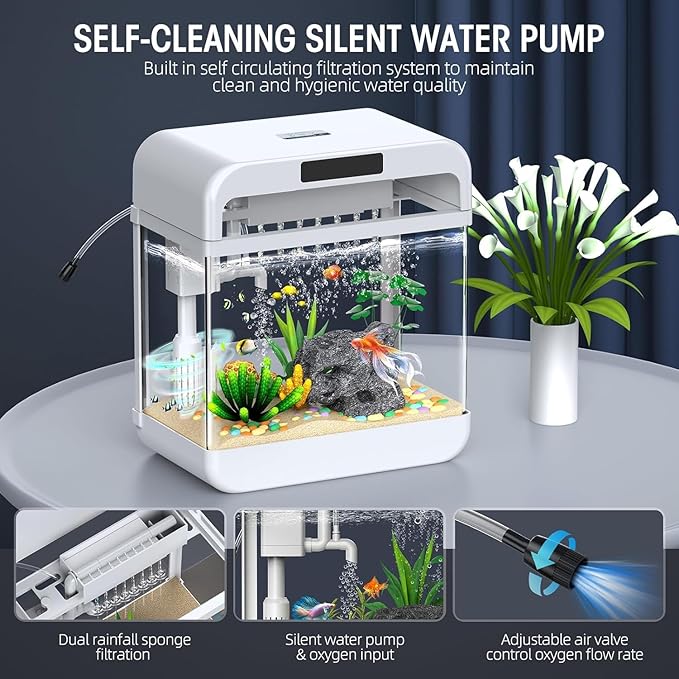 Fish Tank 2.2 Gallon Fish Bowl with Humidifier 7 Color Auto-Looping Light Aquarium Tank with 3 in 1 Silent Pump with Filteration & Oxygenation & Circulation(White-2.2 Gallon)