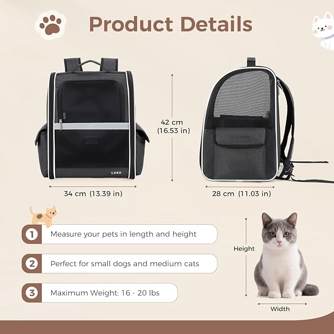 Lekereise Ventilated Dog Backpack Carriers, Cat Carrier Backpacks with Breathable Mesh for Small Cats Dogs Puppies Up to 17 Lbs, Pet Foldable Backpack Great for Travel Hiking Camping Outdoor Black