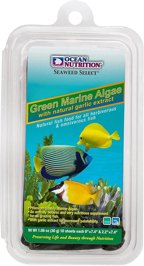 Ocean Nutrition Seaweed Select Green Marine Algae - Nutritious Fish Food for Herbivorous Marine Fish, Live Fish & Invertebrates - Natural Seaweed Sheets with Garlic Extract - 4 Sheets, 0.4 oz (12g)