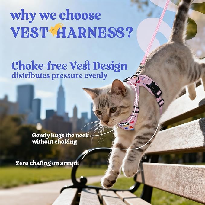 rabbitgoo Cat Harness and Leash for Walking, Escape Proof Soft Adjustable Vest Harnesses for Cats, Easy Control Breathable Reflective Strips Jacket, Purrty Pink, S