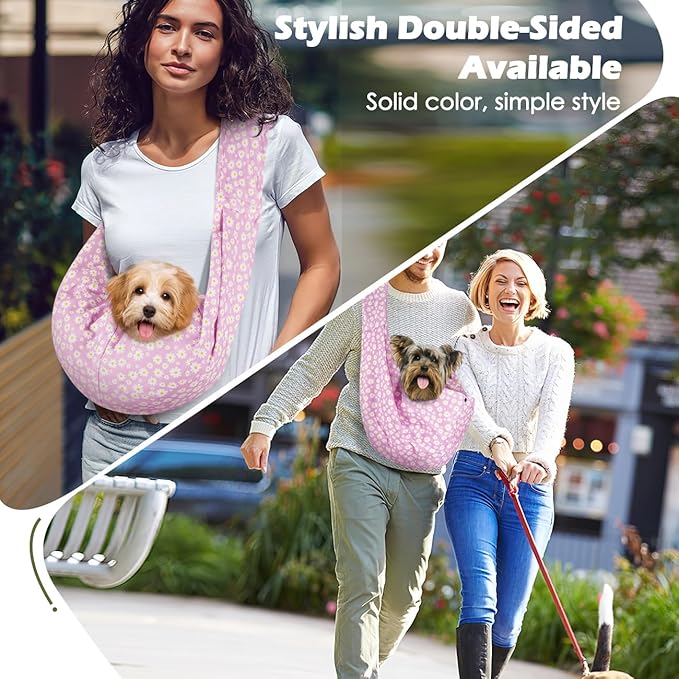 Pawaboo Small Dog Sling Carrier, Reversible Hands Free Dog Sling Carriers for Small Dogs and Cats, Puppy Slings Carrier with Safety Harness, Puppy Essentials, Pink Daisy