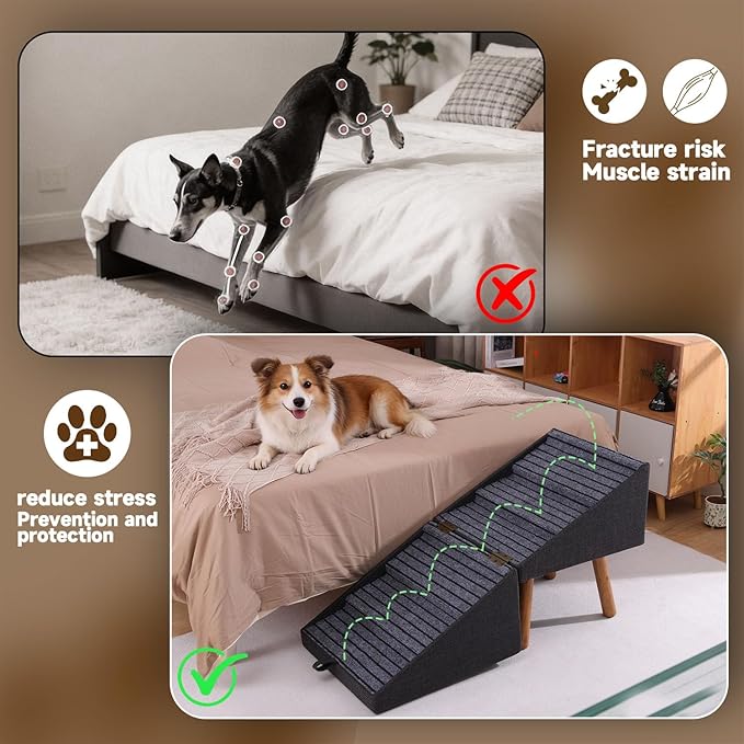 21.06” Dog Stairs for High Bed, 6-Step Pet Stairs with Split Ottoman Design - Tall Dog Steps Convertible to Bedside Table Nightstand, Large Non-Slip Stairs for Big Medium Dogs to Bed (Black)