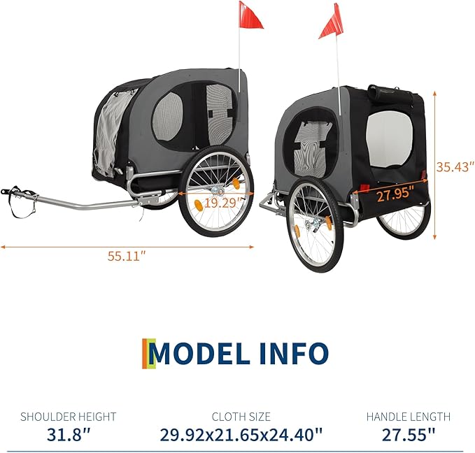 Dog Bike Trailer for Medium & Large Dogs - 16" Air-Filled Tires Pet Bicycle Carrier with Universal Coupler | Waterproof Oxford Fabric Cargo Cart for Medium/Large Dogs - Safe Cycling Access (Grey)
