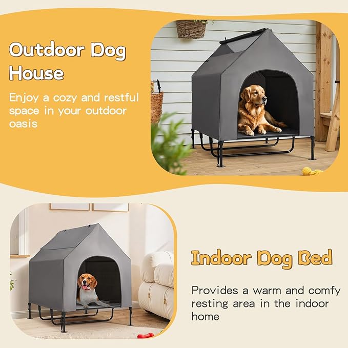 Erinnyees 48" Dog House, 2-in-1 Elevated Dog Bed with Removable Canopy, Waterproof Oxford Fabric, Indoor Outdoor Pet Shelter
