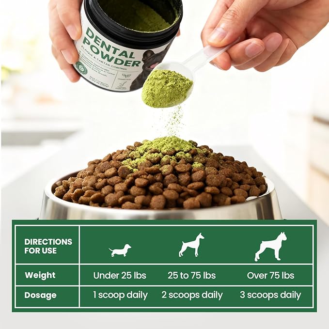 Dog Teeth Cleaning Powder, Dog Dental Powder and Cats Breath Freshener, Plaque Off Pet Tooth Cleaning lab co, Bad Breath & Tartar Remover, Dog Teeth Cleaning with Enzymes-Green Tea