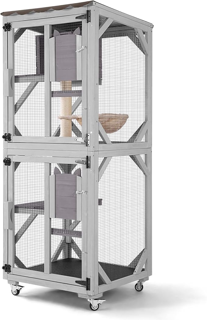GUTINNEEN Catio Outdoor Cat Enclosure Mobile Cat House Indoor On Wheels with Scratch Post, Hammock, Resting Box, Platform, Tarp Roof 62.8", Grey
