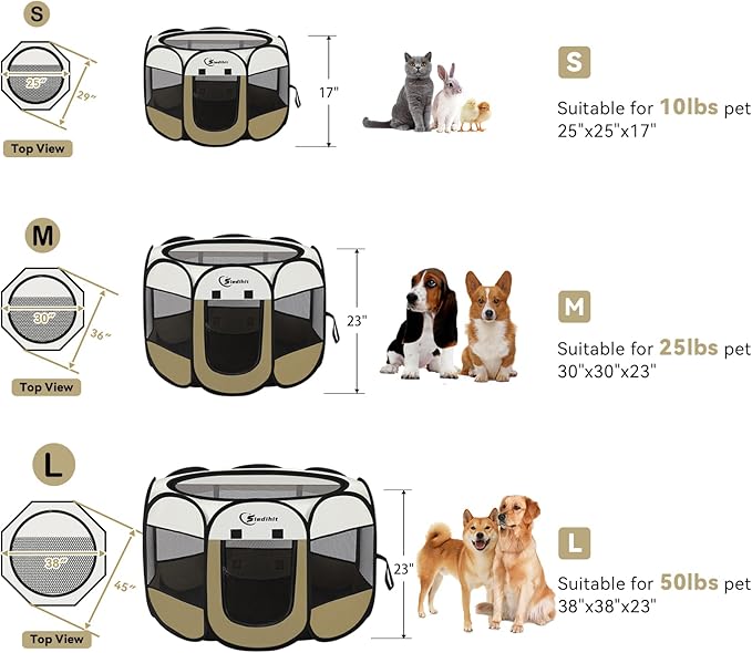 Dog Cat Playpen, Small Puppy Pet Playpen, Dog Crate Tent Cage Indoor/Outdoor, Portable Pop Up Dogs Kennel Playpen with Carrying Case for Dogs/Cats/Rabbits(Khaki, Small)