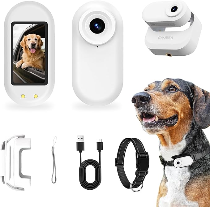 Thumb Body Cam 1080P HD Video Recorder Pet Camera Collar with Wireless Charging Dock – Mini Action Sports Cam, Motion Detection 1.47'' Screen Magnetic Mount Small POV Camcorder for Dogs & Cats