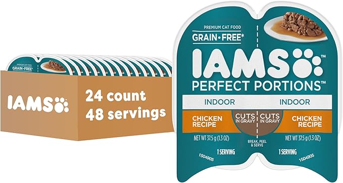 IAMS Perfect Portions Grain Free Wet Cat Food, Indoor Adult Cat Food Wet Cuts in Gravy, Chicken Recipe, (24) 2.6 oz. Twin-Pack Trays