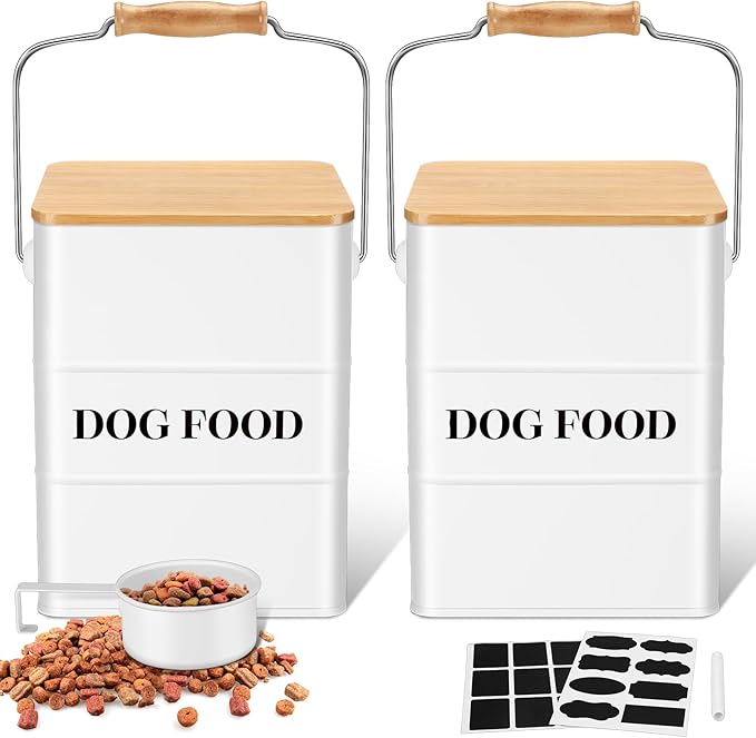 Tioncy 2 Pcs Metal Dog Food Storage Containers Total 10-14 Lbs (50 Cup) Capacity, Airtight Pet Food Canister with Bamboo Lids Scoop DIY Labels Dog Treat Storage Jars for Kitchen Counter(White)