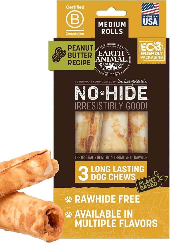 Earth Animal No Hide Chews - Long Lasting Rawhide Free Medium Dog Chews Rolls, Peanut Butter - 3 Count Value Pack