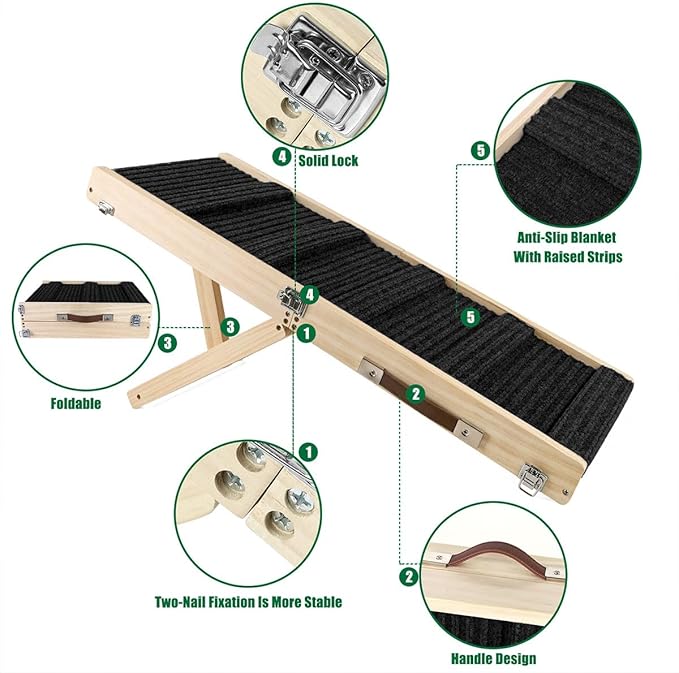 Okydoky Small Dog Ramp, Adjustable Portable Folding Wooden Pet Ramp, 32" Long with Non-Slip Traction Mat, Adjustable from 9" to 17.5", Dog Climbing Ladder for Sofa,Couch,Car(Black) NO.LGPT3