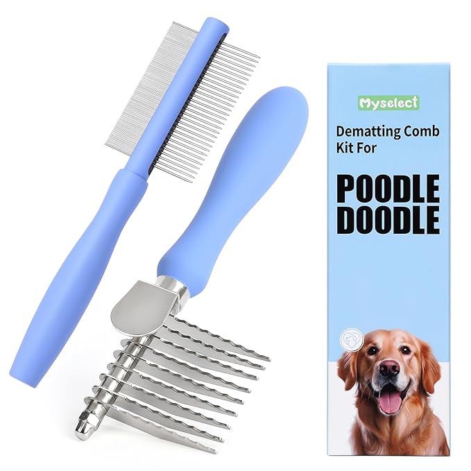 Dematting Comb for Doodles & Poodles, Dual-Sided Comb Tool for Long Curly Haired Dogs, Grooming Brush Kit for Removing Mats and Tangles, Stainless Steel, Beech Wood