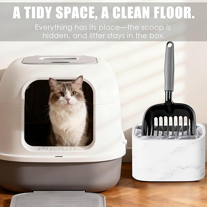 Cat Litter Scoop Holder – Universal Marble-Textured Scoop Caddy with Built-In Bag Dispenser & Wide-Mouth Bucket, Includes 4 Rolls Waste Bags & Removable Scoop Stand for Most Metal/Plastic Scoops