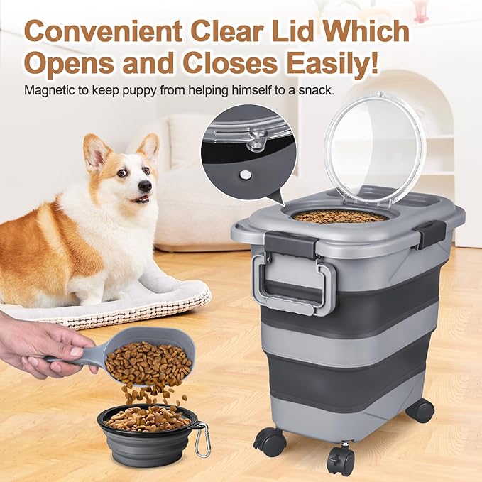 Dog Food Storage Container，2 Pack 25 lbs Airtight Collapsible Cat Food Storage Container with Attachable Wheels, Portable Handle, Dog Food Scoop for Dog Cat Bird Pet Dry Food Storage Bin Large