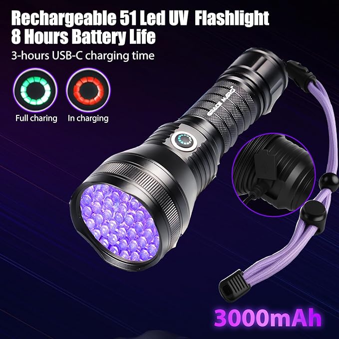 Rechargeable UV Flashlight, 51 LED 395nm Black Light, Ultraviolet Lite UV Light, Pet Urine Detector for Dog/Cat Urine, Dry Stains, Bed Bug, Resin Curing, Scorpions, Dry Pet Stains