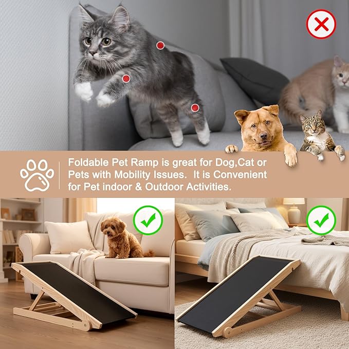 SLSY Dog Ramp for Bed, Couch & Car, Foldable Pet Ramp for Small Dogs and Cats, 4 Adjustable Heights 13.7''–19.6", Portable Stable Wooden Pet Steps with Non-Slip Pad for Sofa or Stairs(Natural)