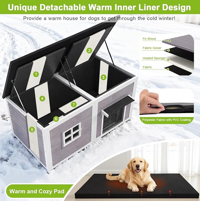 59" Outdoor Dog House with Insulated Liner, Extra Large Breed Dog Kennel, Keep Warm in Winter Outside, Easy to Install Heated Anti-Chewing Metal Frame Design for Small Medium Large Dogs