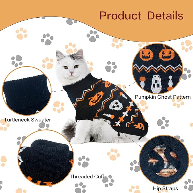 Vehomy 2Pcs Pet Halloween Sweaters Dog Halloween Pumpkin Sweater Kitten Cat Holiday Theme Turtleneck Knitwear Shirt with Pumpkin Skull Patterns Dog Puppy Halloween Costume Clothes for Small Dogs L