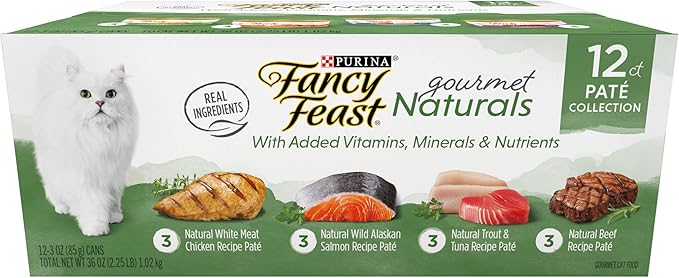 Purina Fancy Feast Grain Free Wet Cat Food Pate Variety Pack Gourmet Naturals–Beef, Chicken, Salmon, Trout and Tuna - (2 Packs of 12) 3 oz. Cans