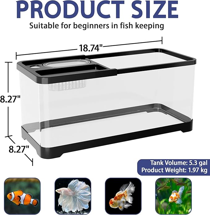 5.3 Gallon Fish Tank, 9 in 1 Betta Fish Tank, Aquarium with LED Full Spectrum 3 Color Light, 3 Modes Filter, Hydroponic Basket, Fishing Net, Shells, Aquatic Plant, Pebbles, Coral, Starter Kit (Black)