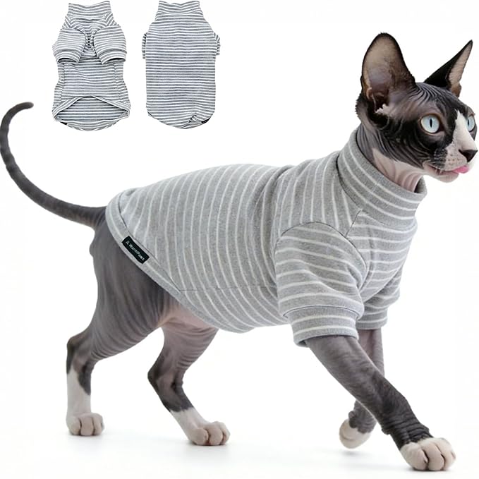 Fleece Sphynx Cat Clothes Soft Hairless Cat Clothes Pullover Cat Sweater for Chihuahua All Season Light and Warm Kitten Cloth for Cats Only Puppy Clothes Small Dog Sweater (Gray Striped, Large)