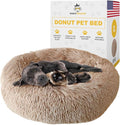 Calming Round Donut Dog Bed Pillow, Washable, Anti Anxiety, Anti-Slip, Cozy Soft Cuddler Comfort Bed with Fluffy Plush Faux Fur for Large Medium Small Sized Dog - Beige, XL 39 inch