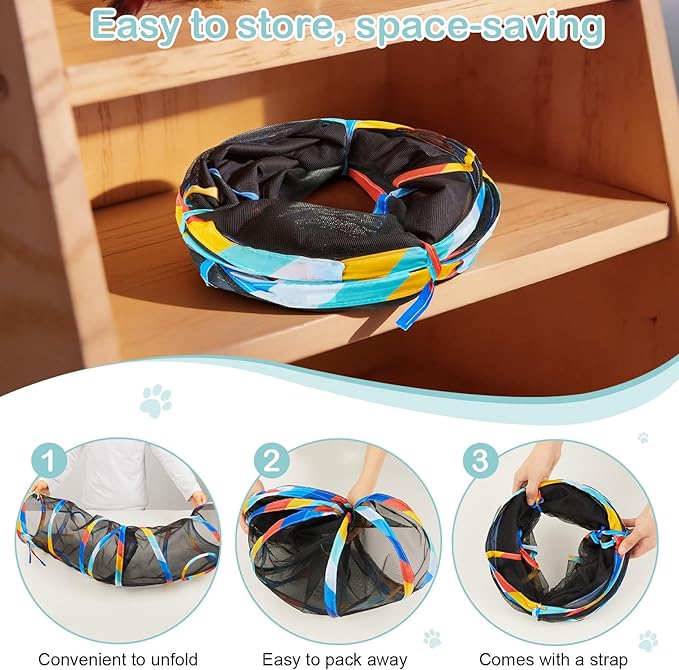 Glittme 48" Mesh Cat Tunnel for Indoor Cats Breathable Pet Play Tunnel with Bonus Mouse Teaser Collapsible Kitten Tube Rainbow Trim 9.8" Dia See-Through Hiding Spot for Large Cats & Rabbits