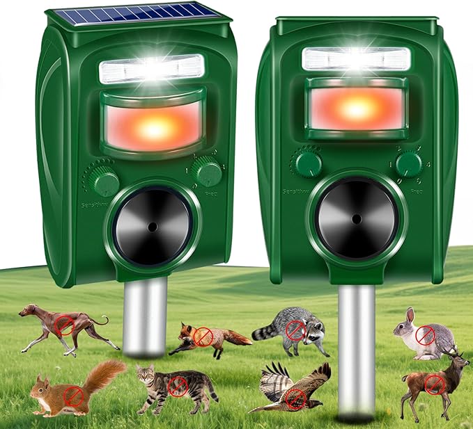 2026 Upgraded Solar Ultrasonic Animal Repellent Outdoor,Cat Squirrel Rabbit Dog Raccoon Rodent Deterrent Deer Repellent Devices,Waterproof Repeller with Motion Detection Flash Light for Yard,2 Pack