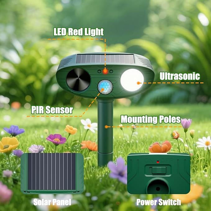 2026 Upgraded Ultrasonic Solar Animal Repellent Outdoor, Deer Repellent Devices Squirrel Cat Raccoon Rabbit Dog Deterrent with Motion Sensor Flash Light for Yard Garden Lawn (2)