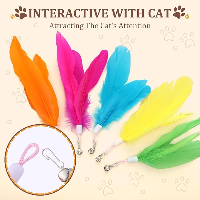 60 Pcs Cat Wand Feather Toys Refill Colorful Cat Wand Replacement Feathers Toy for Interactive Kitten Fishing Pole Feather Attachments with Bells for Stray Cats to Exercise (Feather-Mix)