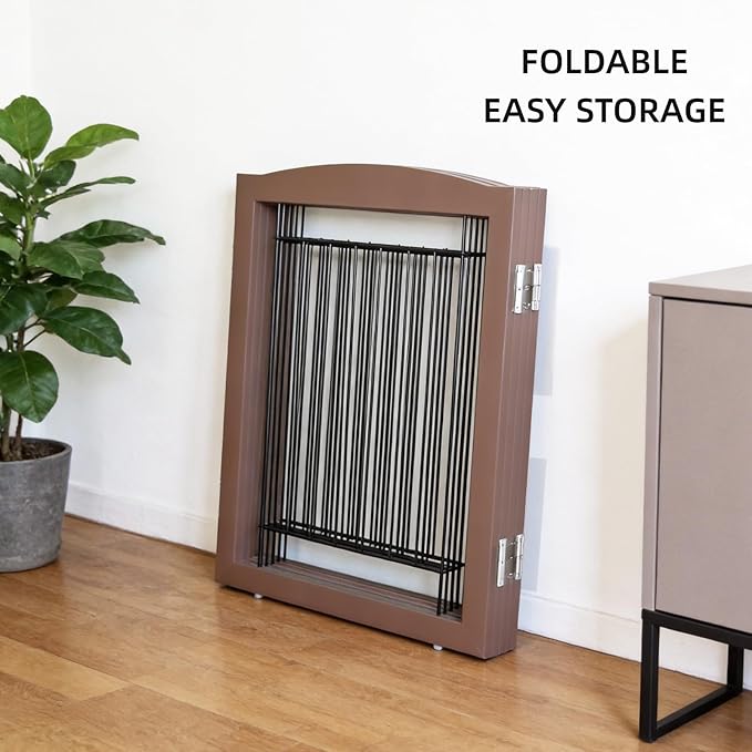 ZJSF Freestanding Dog Fence Indoor, Foldable Dog Gate for Doorways, Stairs or Hallways, Sturdy Wood Extra Wide Pet Gate with Support Feet for The House, Brown, 24 "Height-6 Panels