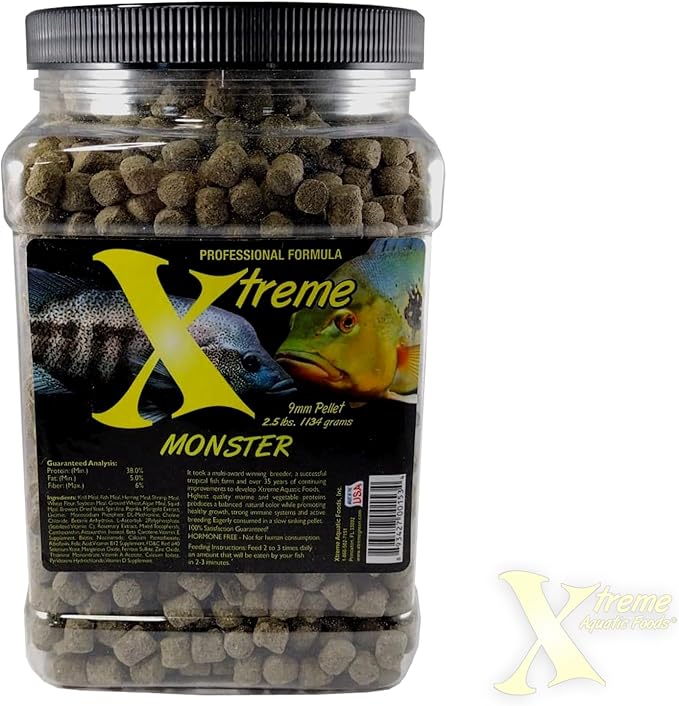 Xtreme Monster 9.0mm Pellets – Slow Sinking & Ideal for Large Cichlids, Monster Fish & Voracious Eaters – Boost Immune & Digestive Health, Max Marine Protein Fish Food – USA Farm Grown (37oz)