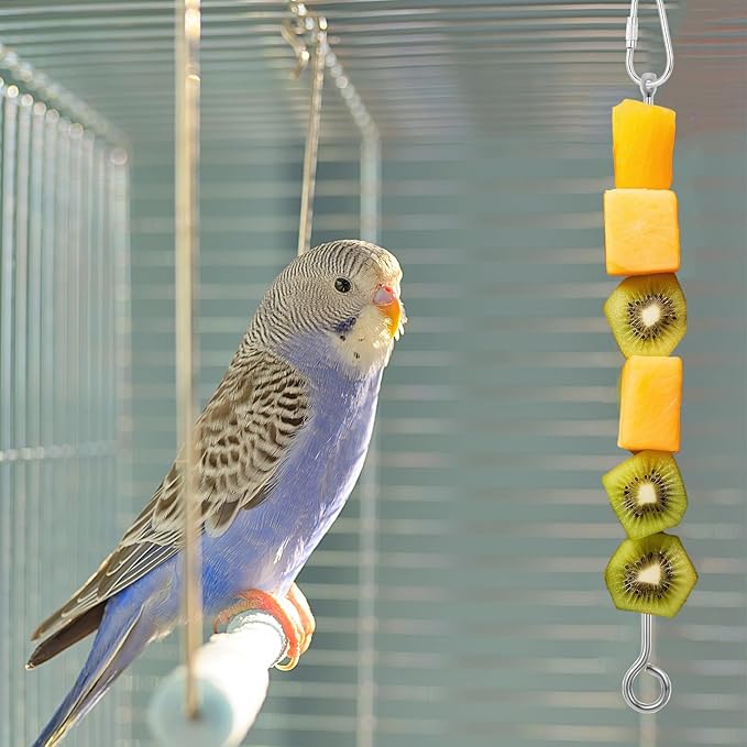 3Pcs Bird Food Holder, Stainless Steel Small Animal Bird Food Treats Skewer Hanging Vegetable Fruit Feeder Feed Treating Tool Suitable Parrots Cockatoo Cockatiel (Silver)