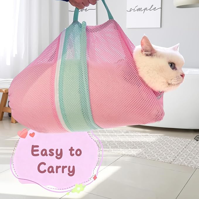Cinf Cat Bathing Bag, Breathable Mesh Anti Scratch Adjustable Cat Grooming Bag for Nail Trimming, Bathing Soft Cat Washing Bag(Spring) M