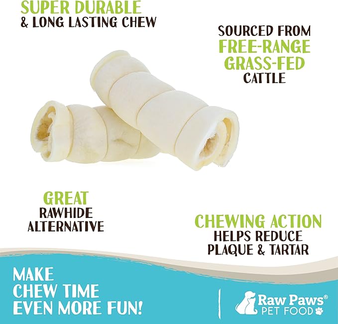 Raw Paws Rolled Beef Cheek Rolls for Dogs - 6 inch (25 Pack) - Packed in USA - Rawhide Alternative Dog Chews - Free-Range Retriever Treat - Water Buffalo Cow Cheek Rolls for Small Dogs to Large Breeds