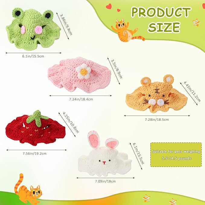 5 Pack Cute Knitted Cat Hats Dog Hats – Frog Strawberry Pink Flower Tiger Rabbit Funny Hat for Cats Dogs Small Pets Birthday Costume Accessories