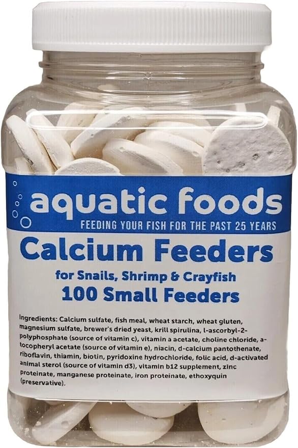 Aquatic Foods Inc. Calcium Enriched Sinking Food Disks and Holiday Feeding Food for Shrimp, Snails, Crabs, Crayfish, Hermit Crabs, Plecos, Catfish, All Tropical Fish. 100 Small Discs Jar