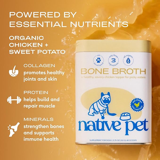 Native Pet Bone Broth for Dogs and Cats - Chicken Bone Broth Powder Dog Food Toppers for Picky Eaters - Provides Extra Nutrition for Joint Strength, Immune Support & Heart Health - 96 Scoops