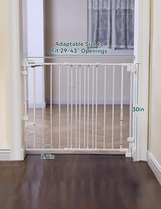 Babelio Removable & No Bottom Bar Baby Gate, 29-43" Hardware Mounted (Drill Needed)| Wide Walk-Thru| Auto-Close Safety Dog/Pet Gate for Stairs & Doorways (White, 29-43" W, 30" H)