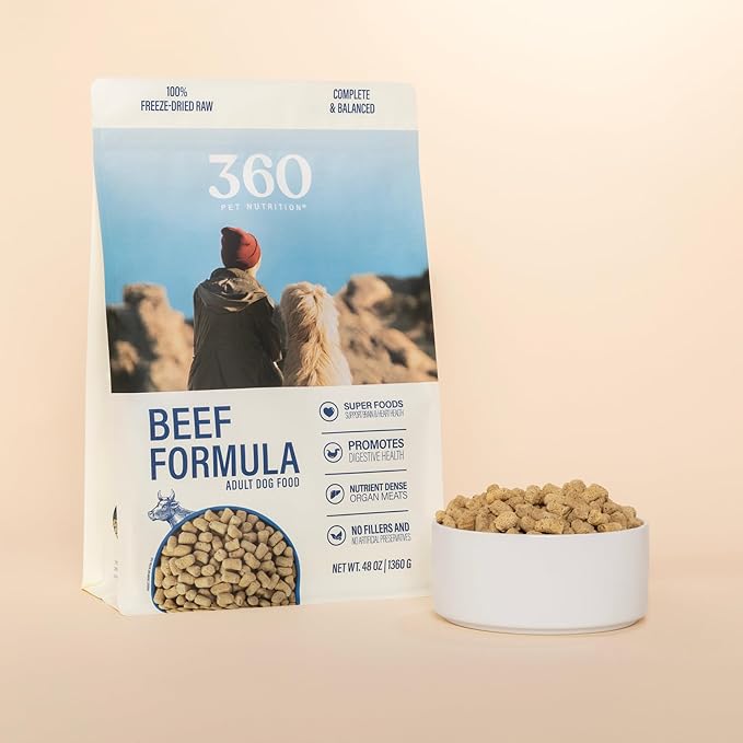 360 Pet Nutrition Freeze-Dried Raw Dog Food – Beef Recipe with Liver & Organs, High Protein with Omega-3s, Fruits, Veggies & Superfoods, Grain-Free, No Filler 2 x 48 oz – Made in USA
