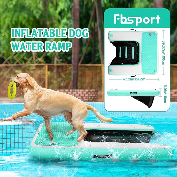 FBSPORT Inflatable Dog Boat Ramp Floating Dock Water Ladder for Pool, Boat, Non-Slip EVA Floating Ladder Pool Ramp for Dog Up to 220 LBs, Safe & Easy Access
