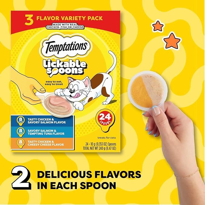 Temptations Lickable Spoons, Soft Lickable Cat Treats, Adult Wet Cat Treats, Variety Pack, 24 Spoons