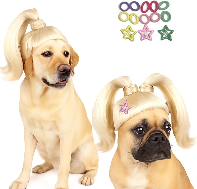 Blond Long Hair Ponytail Funny Pet Wig – Dog Wig for Large Girl Dog –Large Dog Costume for Halloween, Party, Photo Shoots – 3D Natural Look – Fits 15kg-50kg Pets