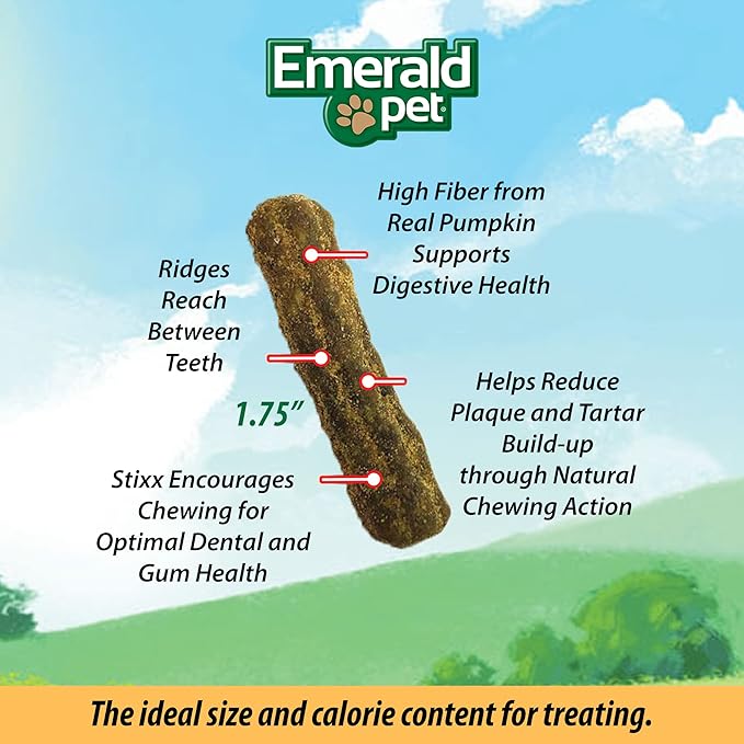 Emerald Pet Feline Dental Stixx — Tasty and Crunchy Cat Sticks with Pumpkin for Digestive Health — Natural Grain Free Treats for Clean Cat Teeth and Fresh Breath — Chicken Stixx, 3.6 oz