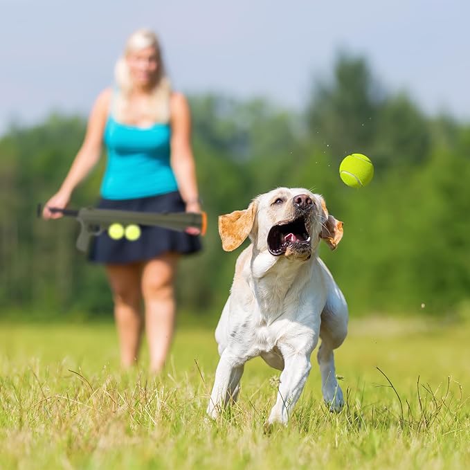 Dog Ball Launcher for Pet, Dog Ball Thrower Launcher with 2 Tennis Balls & Shoulder Strap, 23.4" Long-Range Ball Launcher Toy for All Dog Breeds, Green